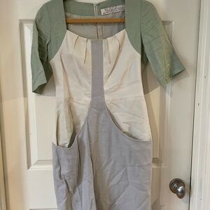 Lela Rose Green and Cream Long Sleeve Dress